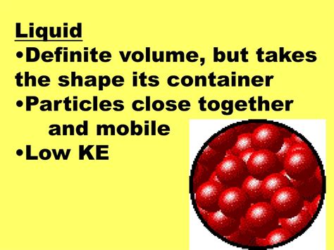 A solid has definite volume and shape, a liquid has a definite volume but no definite shape, and a gas has neither a definite volume nor shape. . Definite shape and definite volume